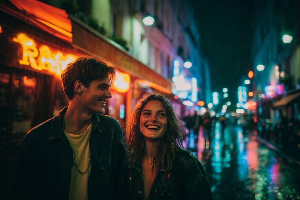 Couple en séance photo à Paris la nuit, ambiance urbaine moderne avec lumières néon.
