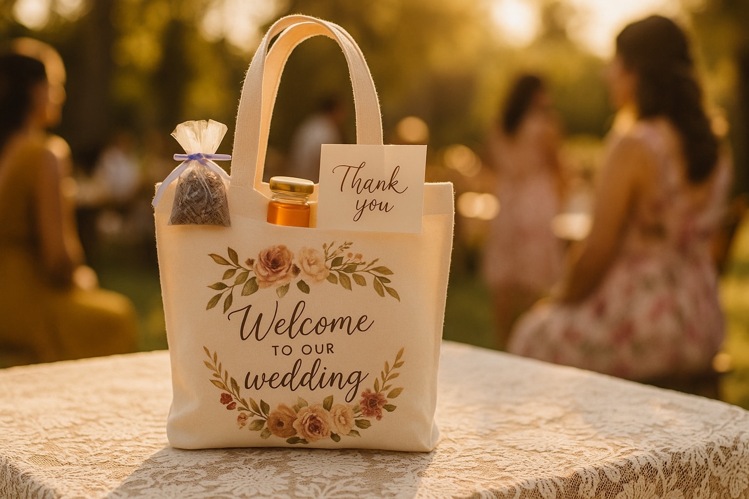 Wedding bag bohème avec motif floral, rempli d’un sachet de lavande, d’un pot de miel et d’une carte de remerciement manuscrite, posé sur une table en dentelle en extérieur au coucher du soleil