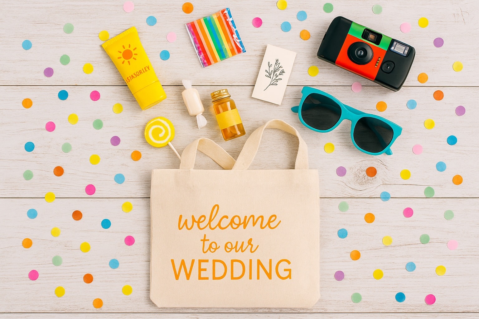Wedding bag coloré avec lunettes de soleil, appareil photo jetable, bonbons, crème solaire et confettis sur fond en bois blanchi