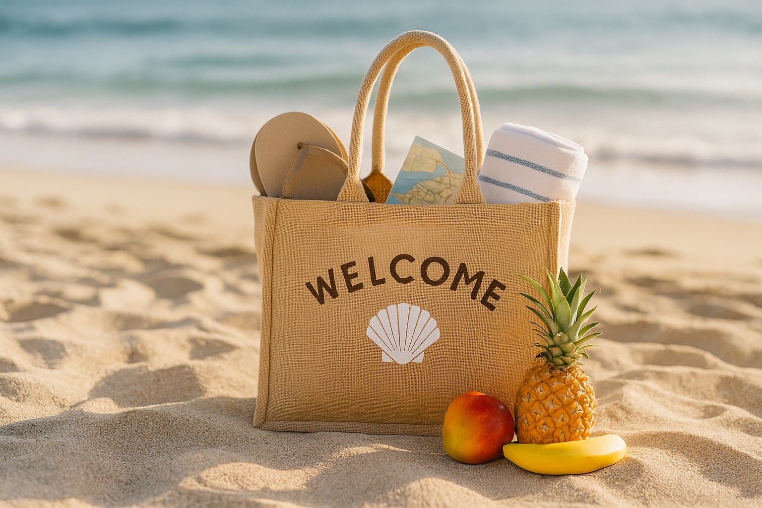 Wedding bag en toile de jute avec logo coquillage, rempli de tongs, serviette roulée, fruits tropicaux et carte locale, posé sur le sable face à l’océan ensoleillé