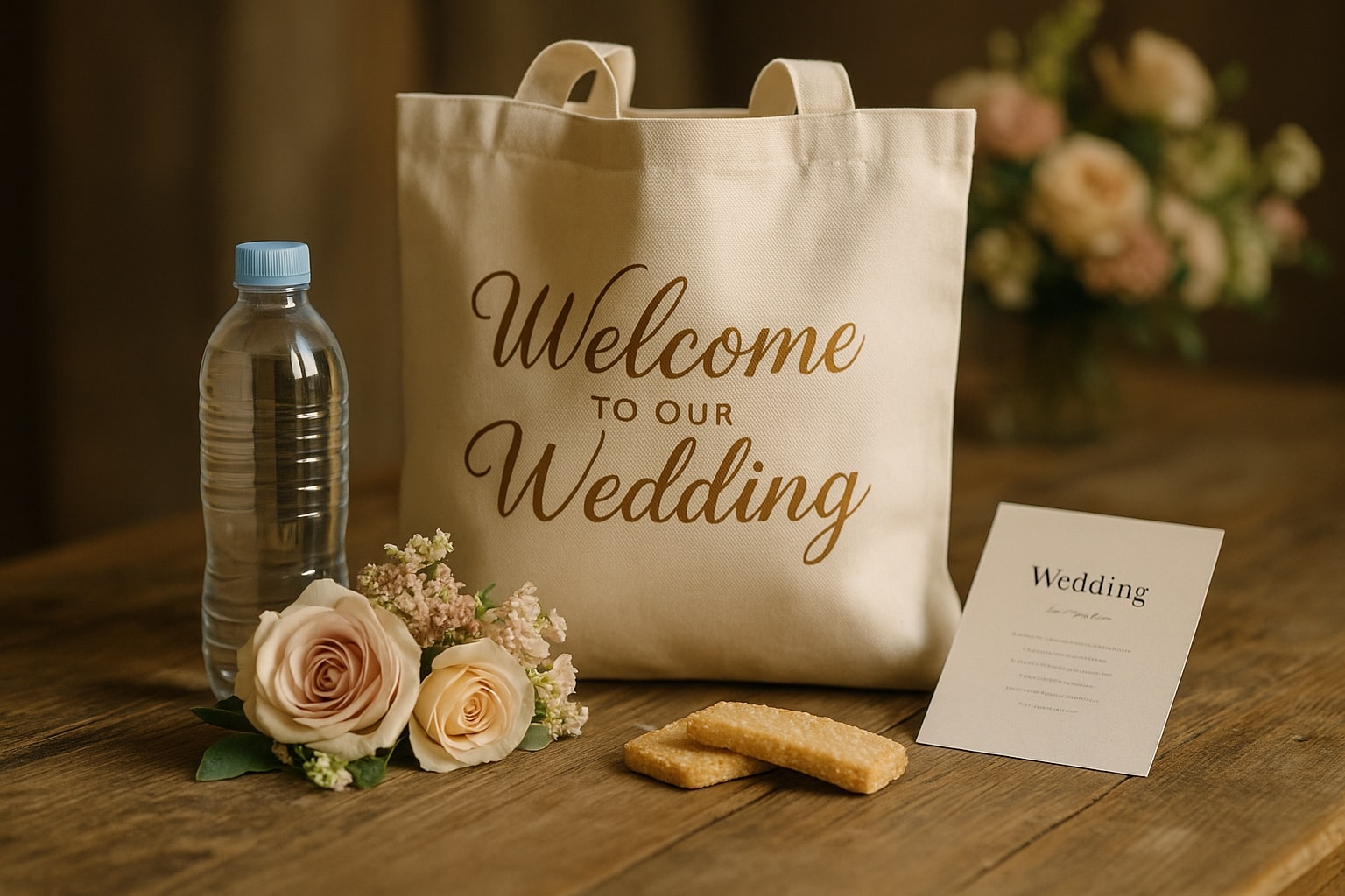 Wedding bag posé sur une table en bois rustique, entouré de fleurs pastel, biscuits artisanaux, bouteille d'eau et programme de mariage