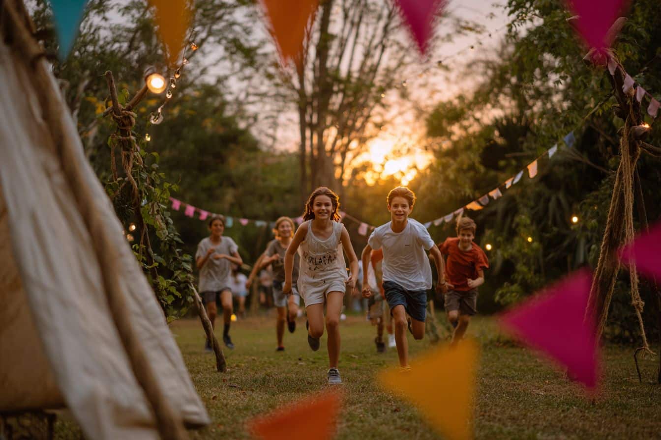 Anniversaire 10 ans en extérieur, thème Koh-Lanta : fanions, cordes et course d’épreuves au coucher du soleil.
