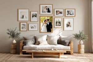 Mur de cadres mariage en chêne et noir avec tirages fine-art salon déco minimaliste