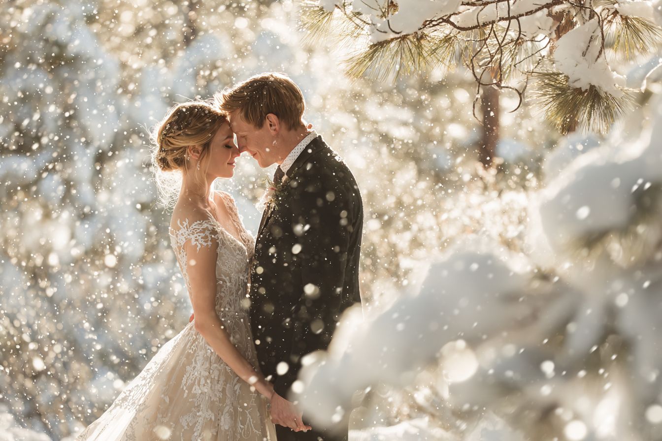 photographie mariage hiver neige mariés calin arbre photo volée