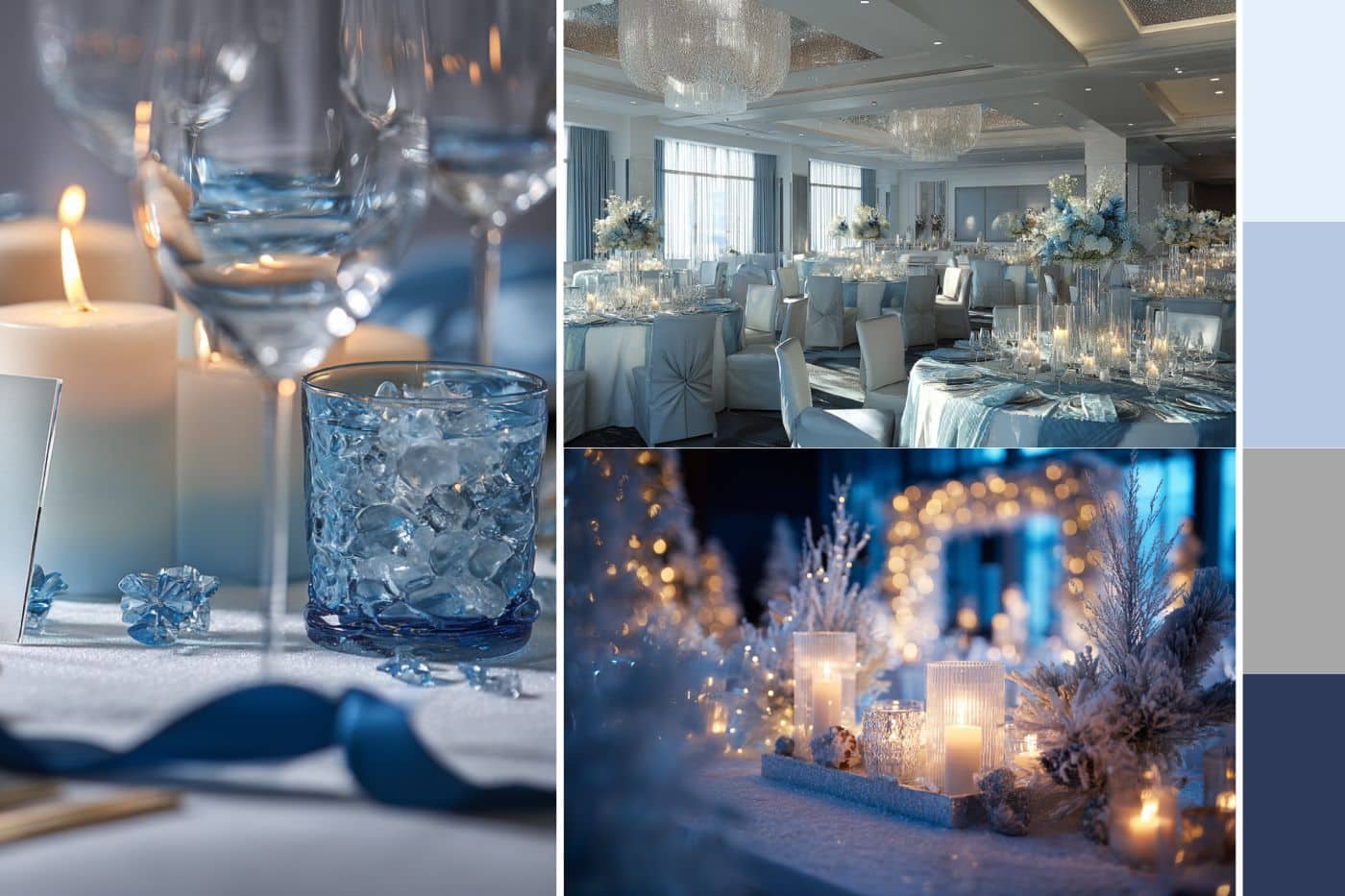 palette nuancier couleur mariage hiver féérie glacier bleu déco salle bougie chaise table