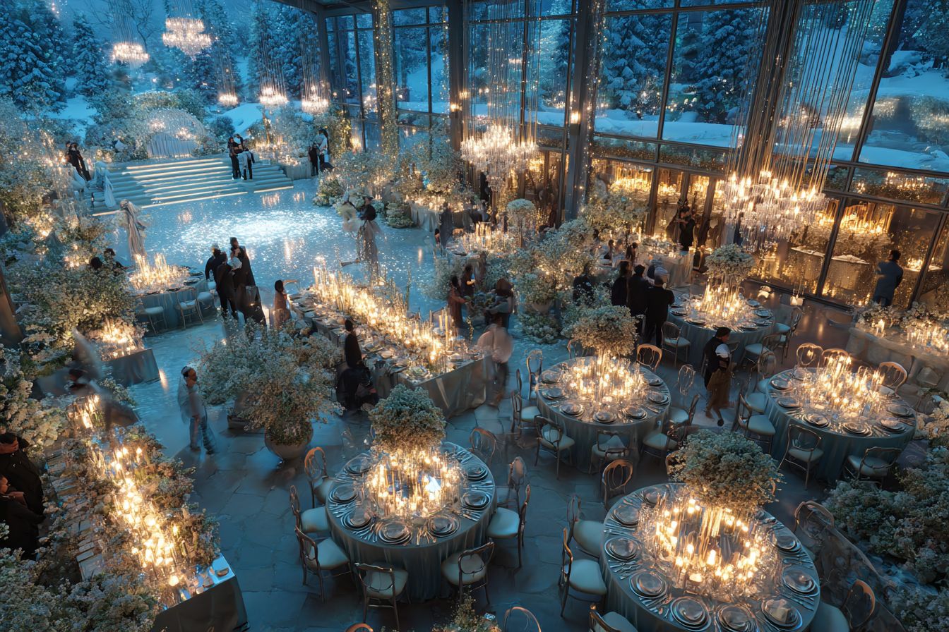 salle mariage vitrée ambiance féérique bleu et blanc vue dessus table chaise piste danse nuit